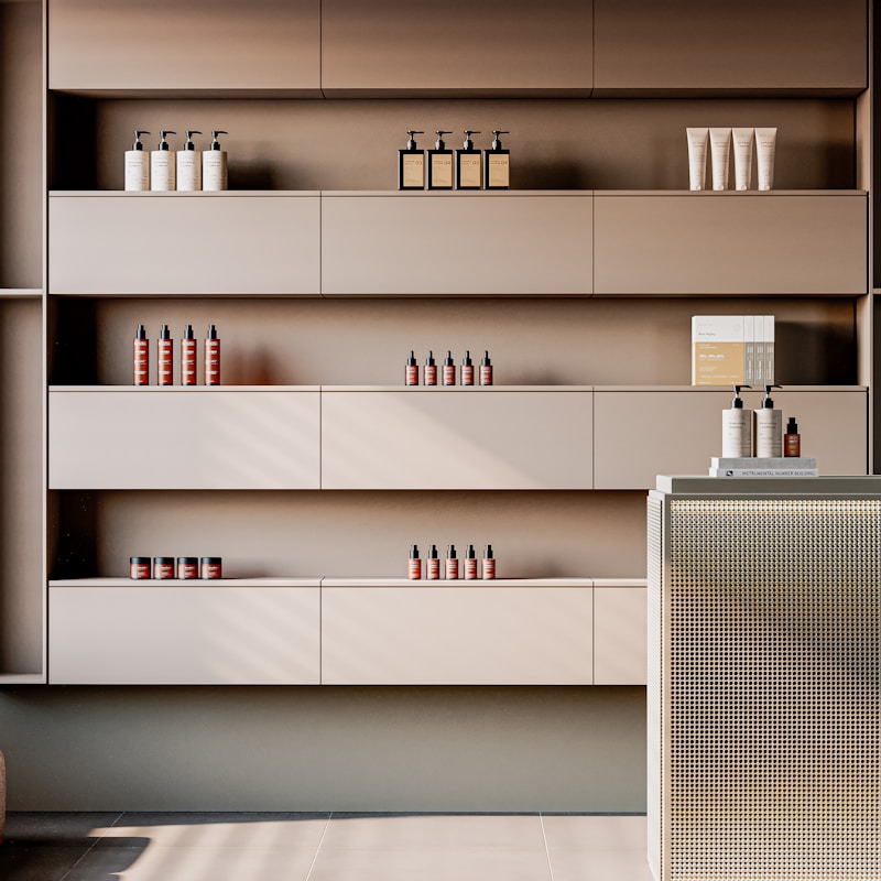 Shelves with skincare products and bottles in a salon